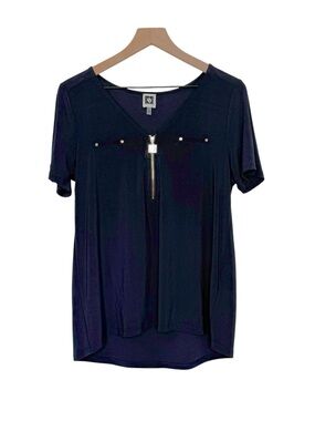 New Anne Klein V-Neck Short Sleeve Blue Blouse Gold Accent Career Office